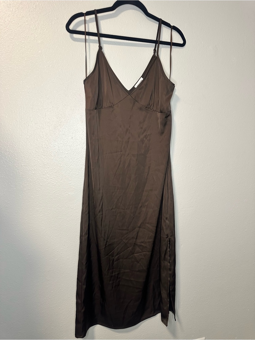 Song of Style Brown Satin V-Neck Midi Slip Dress Side Slit